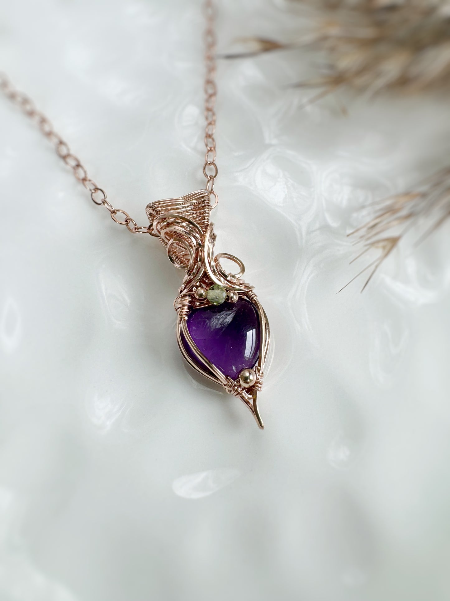Dainty Amethyst Heart & Peridot Necklace in 14k Rose Gold Filled