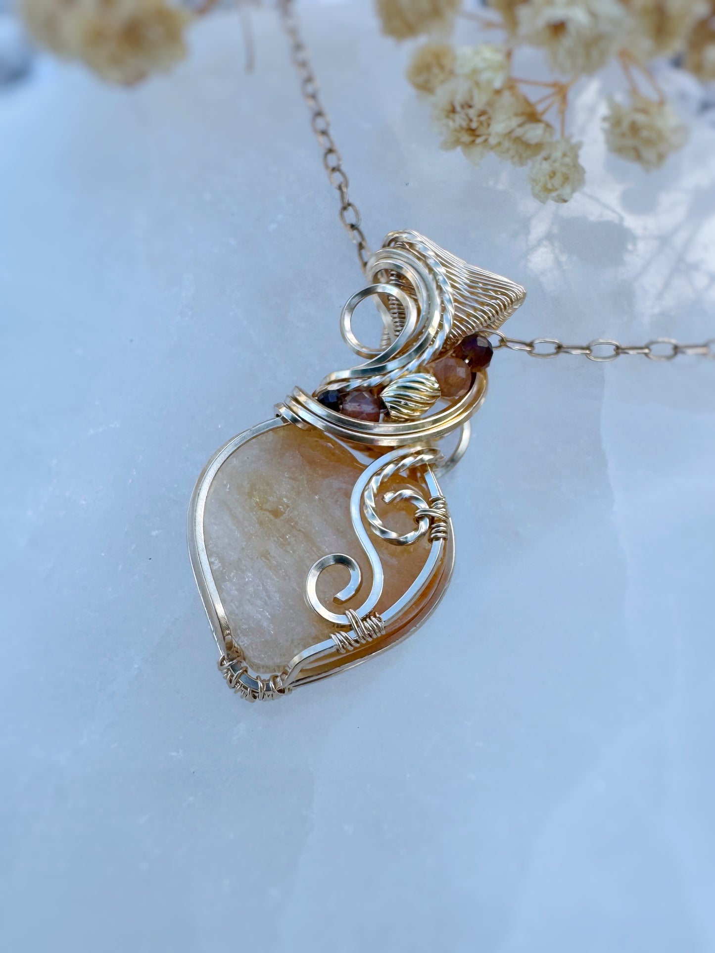 Citrine (Heat-treated), Amber, Tiger's Eye, Sunstone-Moonstone Necklace in 14k Gold Filled Wire