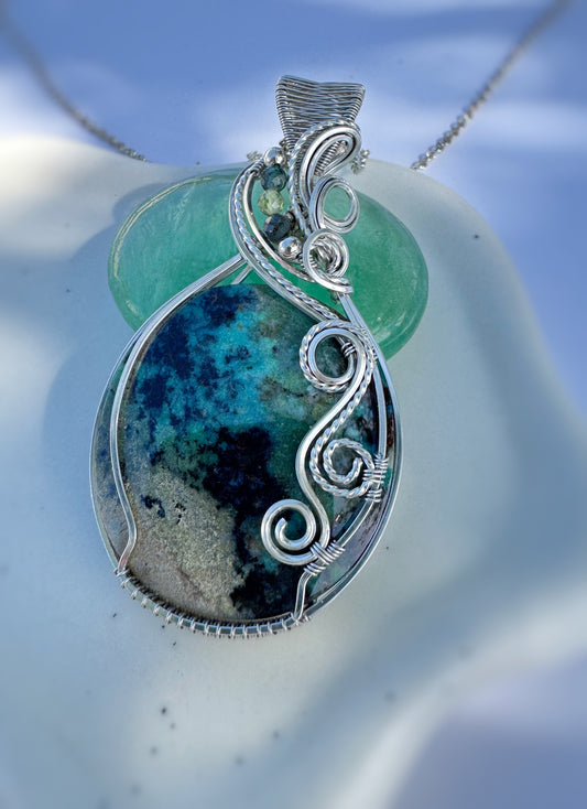 Blue Opalized Wood, Green Kyanite & Peridot Necklace in Argentium Silver