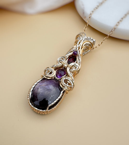 Natural Star Sapphire, Amethyst & Garnet Necklace in mixed metals (Argentium Silver & 14k Gold Filled)