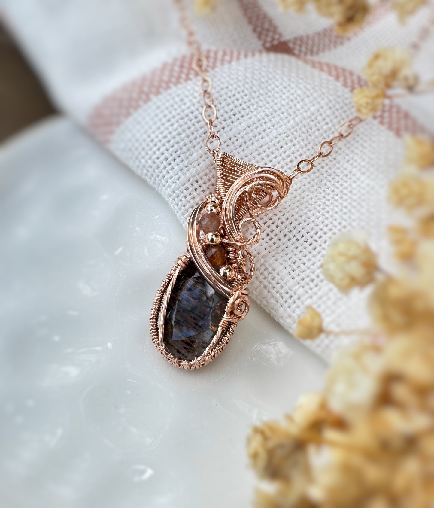 7.8 CT Meteor Shower Lattice Sunstone & Moonstone/Sunstone Necklace in 14k Rose Gold Filled