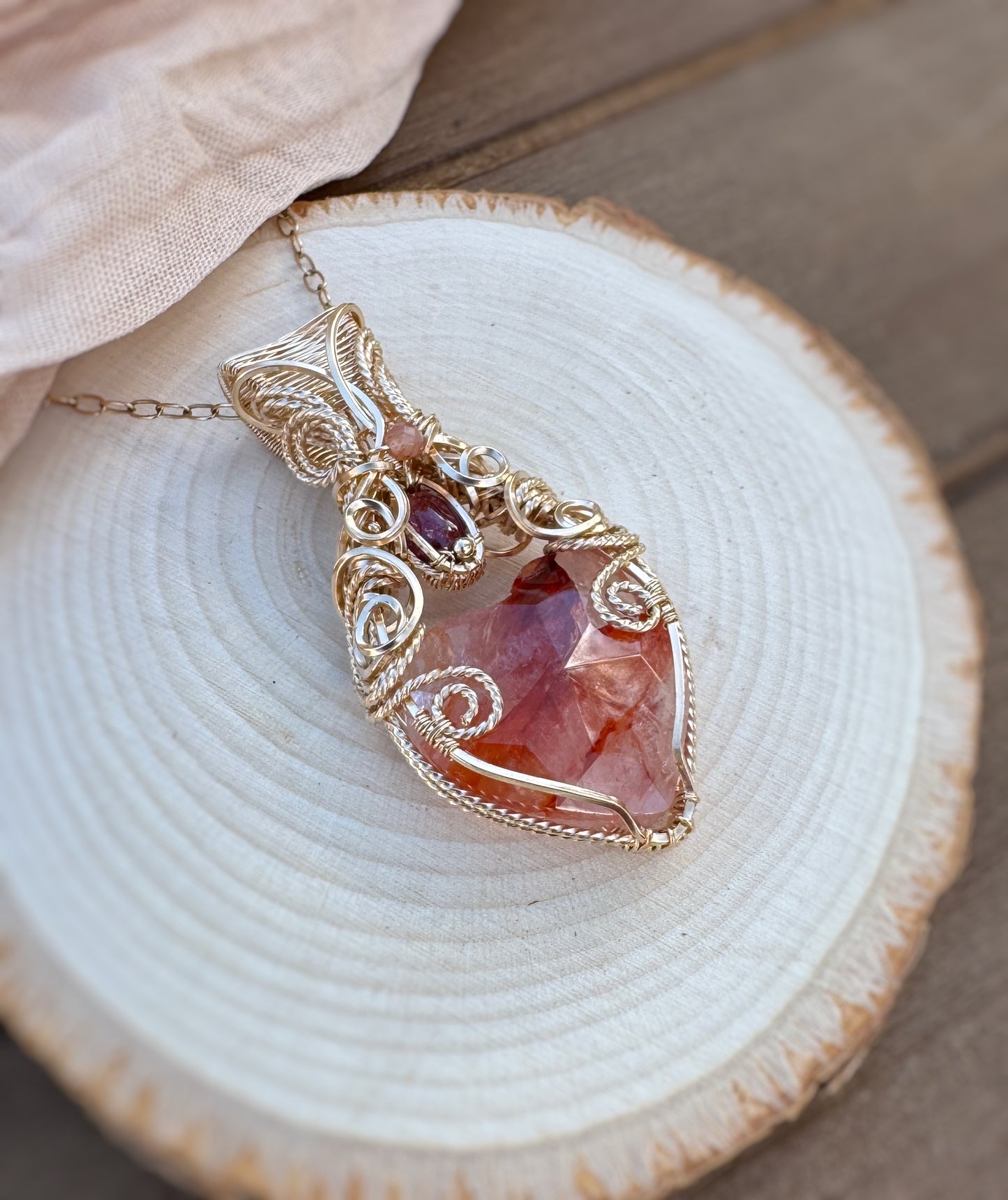 Hematoid Quartz, Pink Tourmaline & Sunstone-Moonstone Necklace in 14k Gold Filled Wire