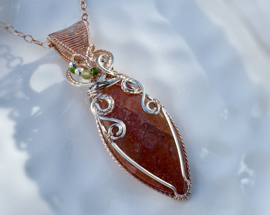 Sunstone, Chrome Diopside & Peridot Necklace in 14k Rose Gold Filled & Argentium Silver