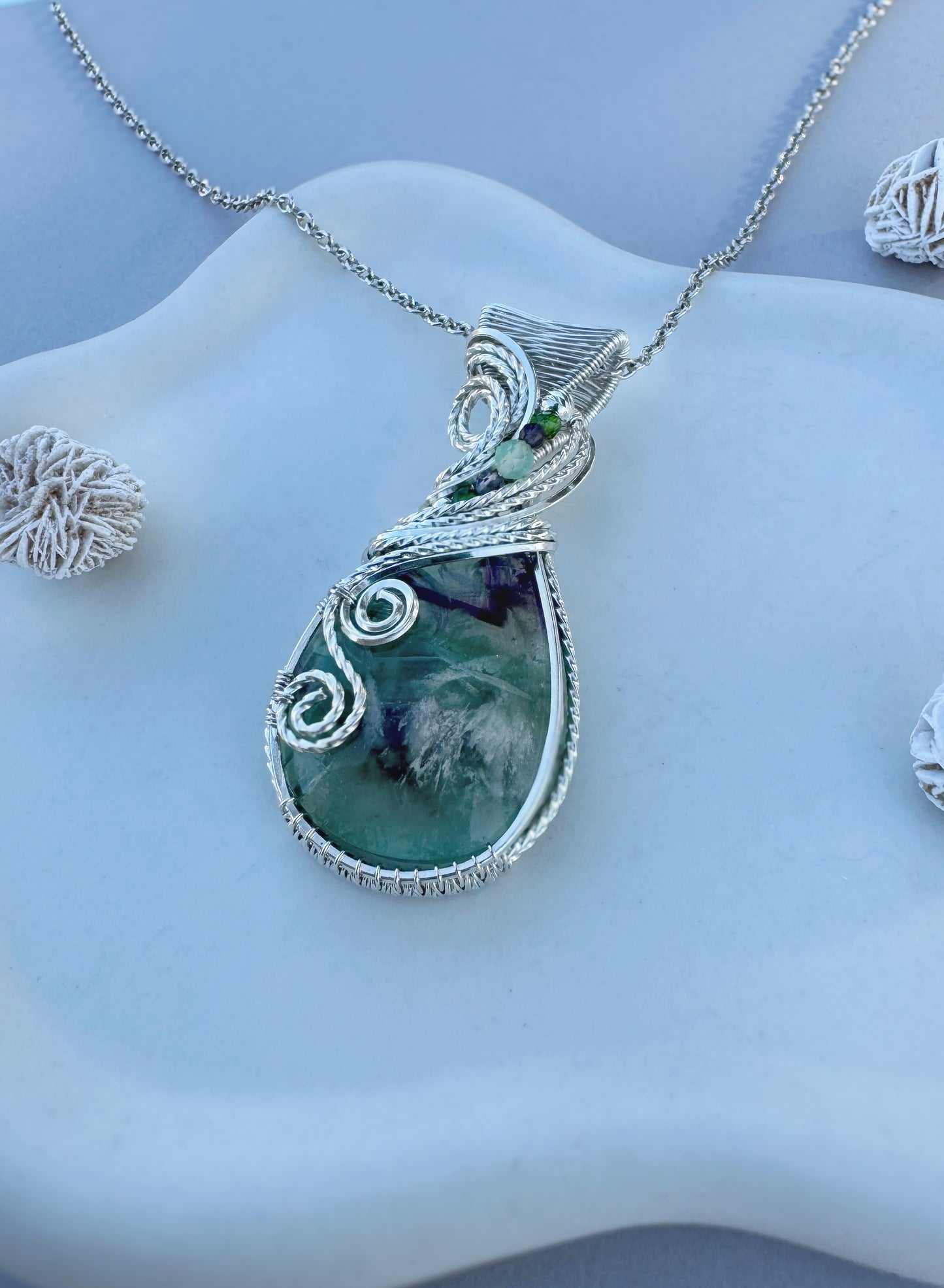 Fluorite, Chrome Diopside, Iolite & Chrysoprase 0.925 Sterling Silver Necklace