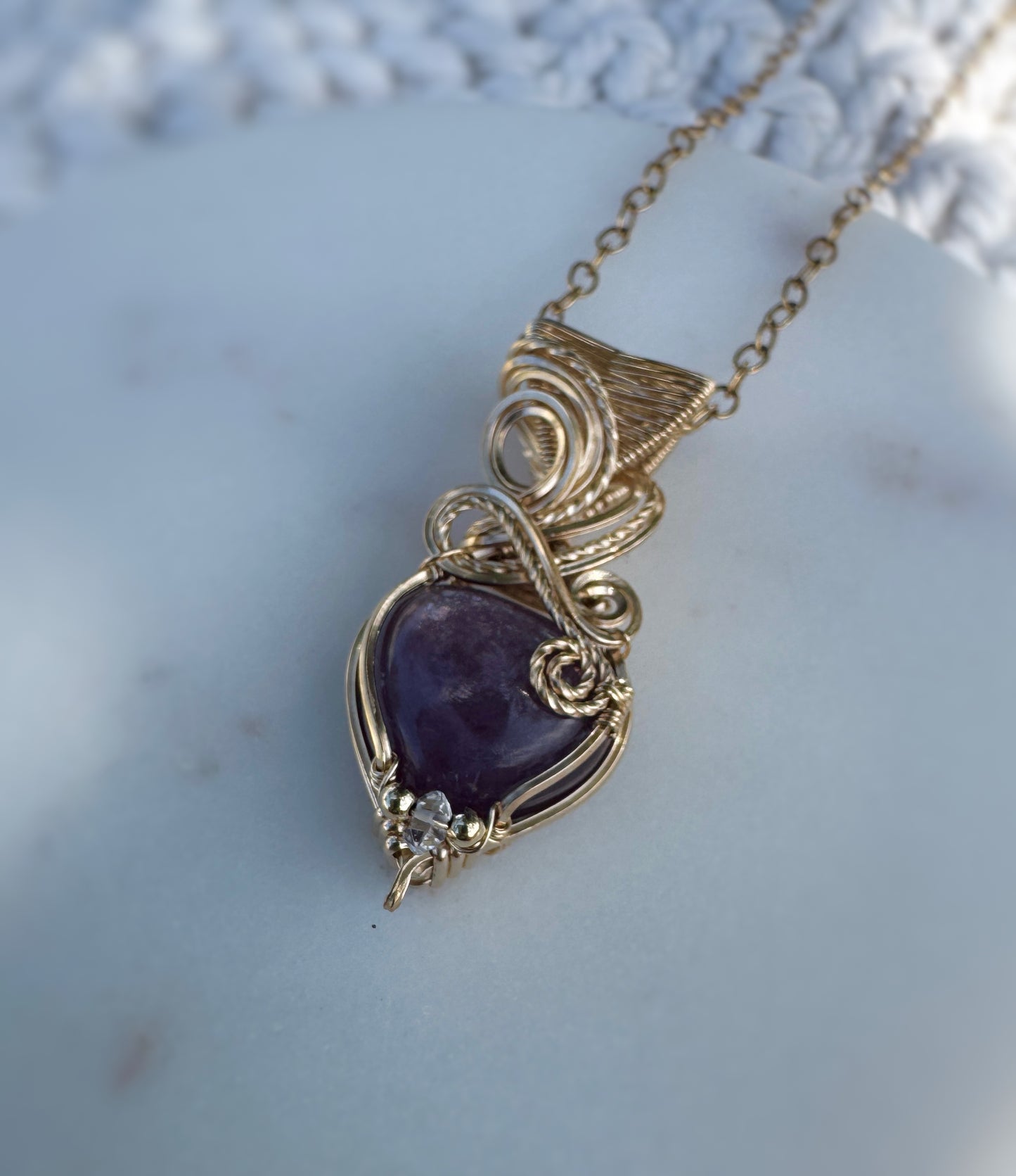 Lepidolite Heart & Herkimer Diamond Necklace in 14k Gold Filled