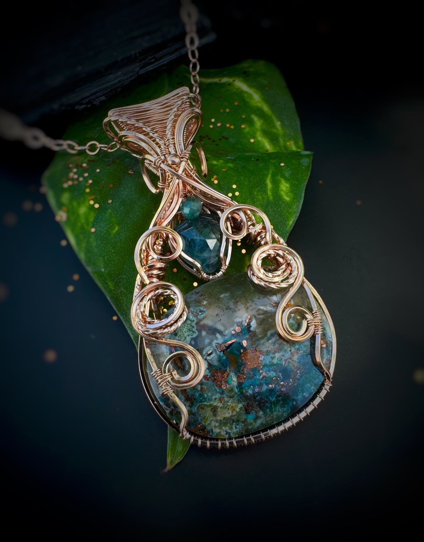 Chrysocolla with Native Copper, Moss Teal Kyanite & Aqua Apatite Necklace in 14k Rose Gold Filled