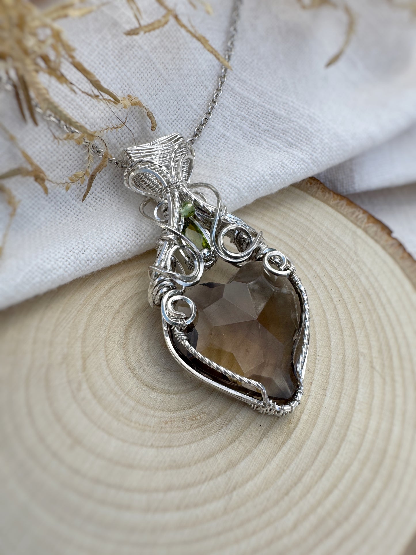 Faceted Smoky Quartz Heart, Green Tourmaline & Peridot Necklace in 0.925 Sterling Silver