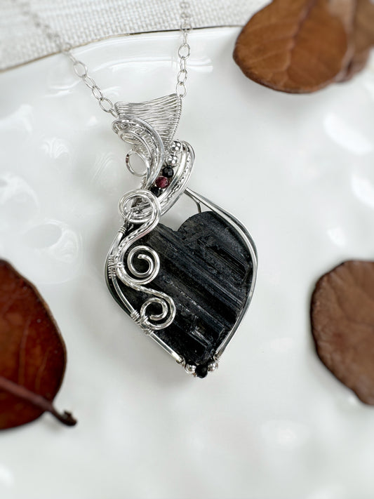 Black Tourmaline Heart, Black Onyx & Garnet Necklace in 0.925 Sterling Silver