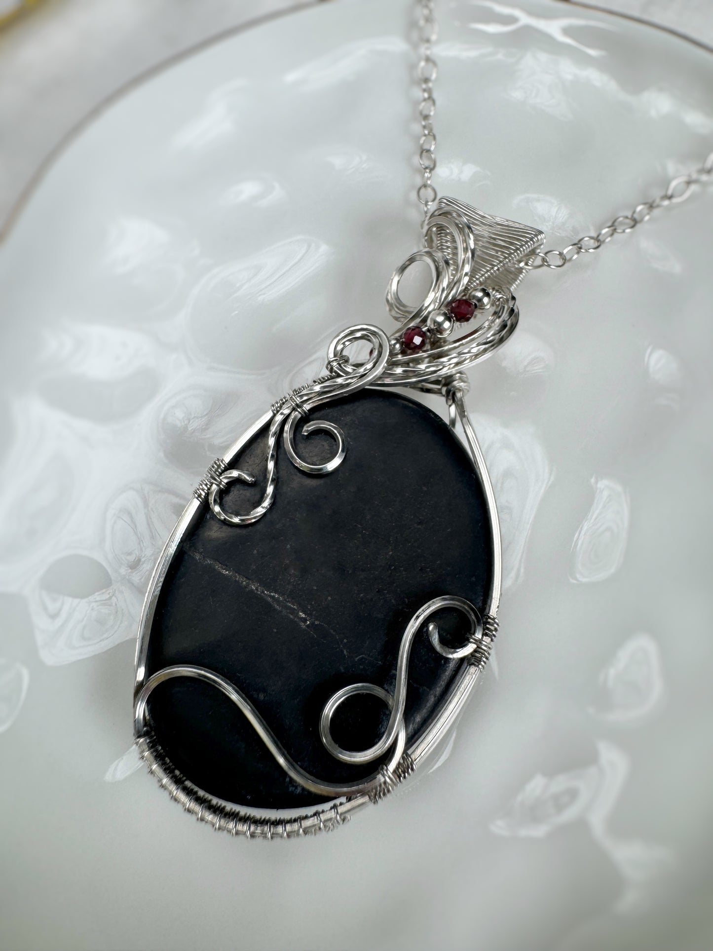Shungite & Garnet Necklace in Argentium Silver