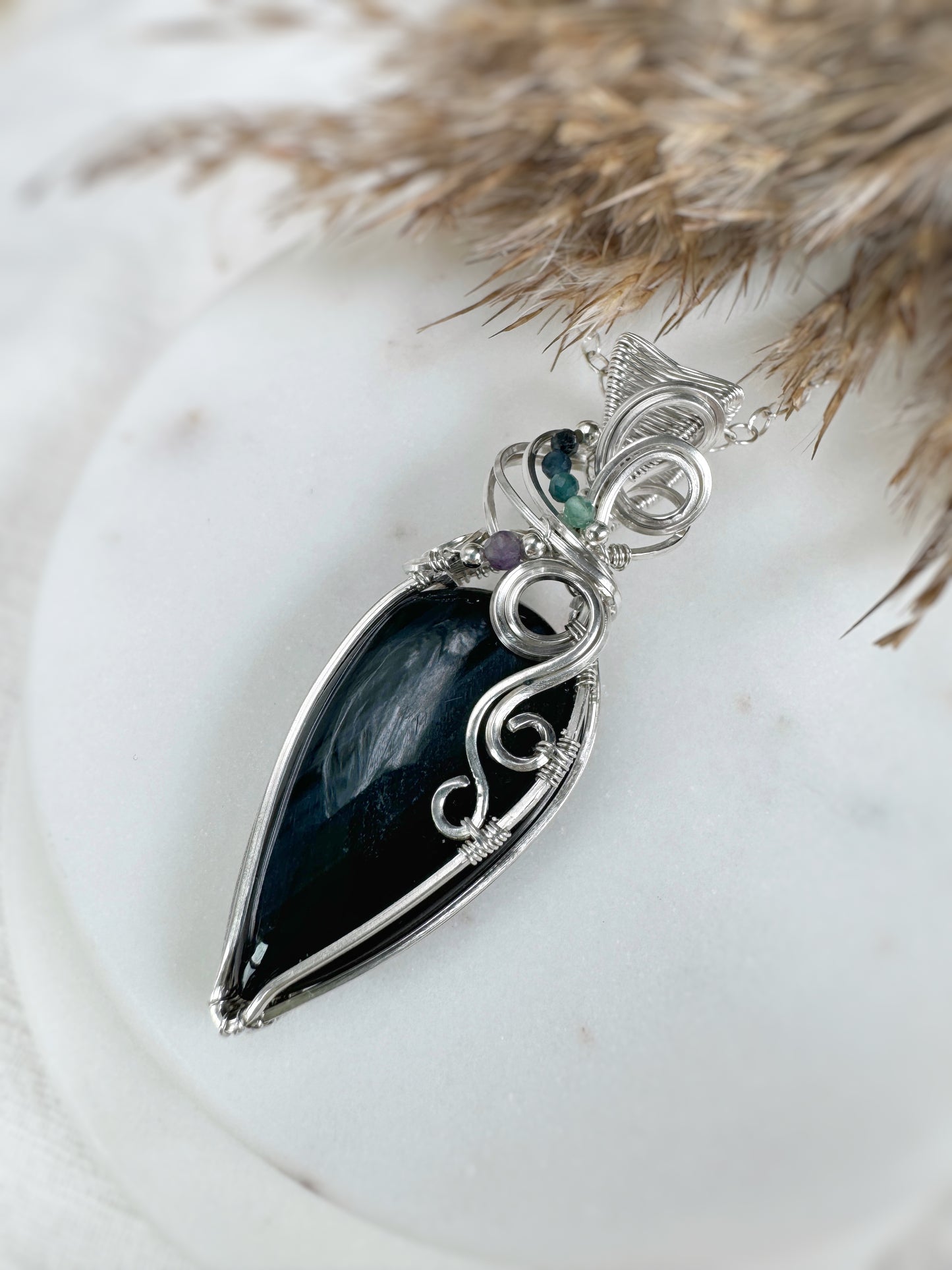 Blue Tiger's Eye, Blue Tourmaline & Amethyst Necklace in Argentium Silver