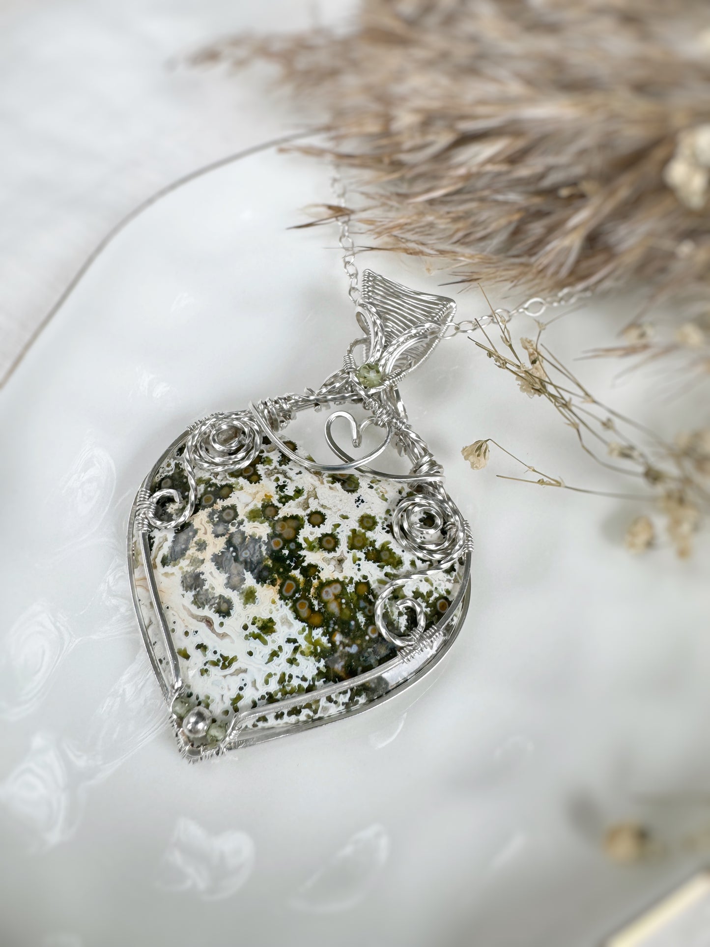 Ocean Jasper Heart & Peridot Statement Necklace in Argentium Silver