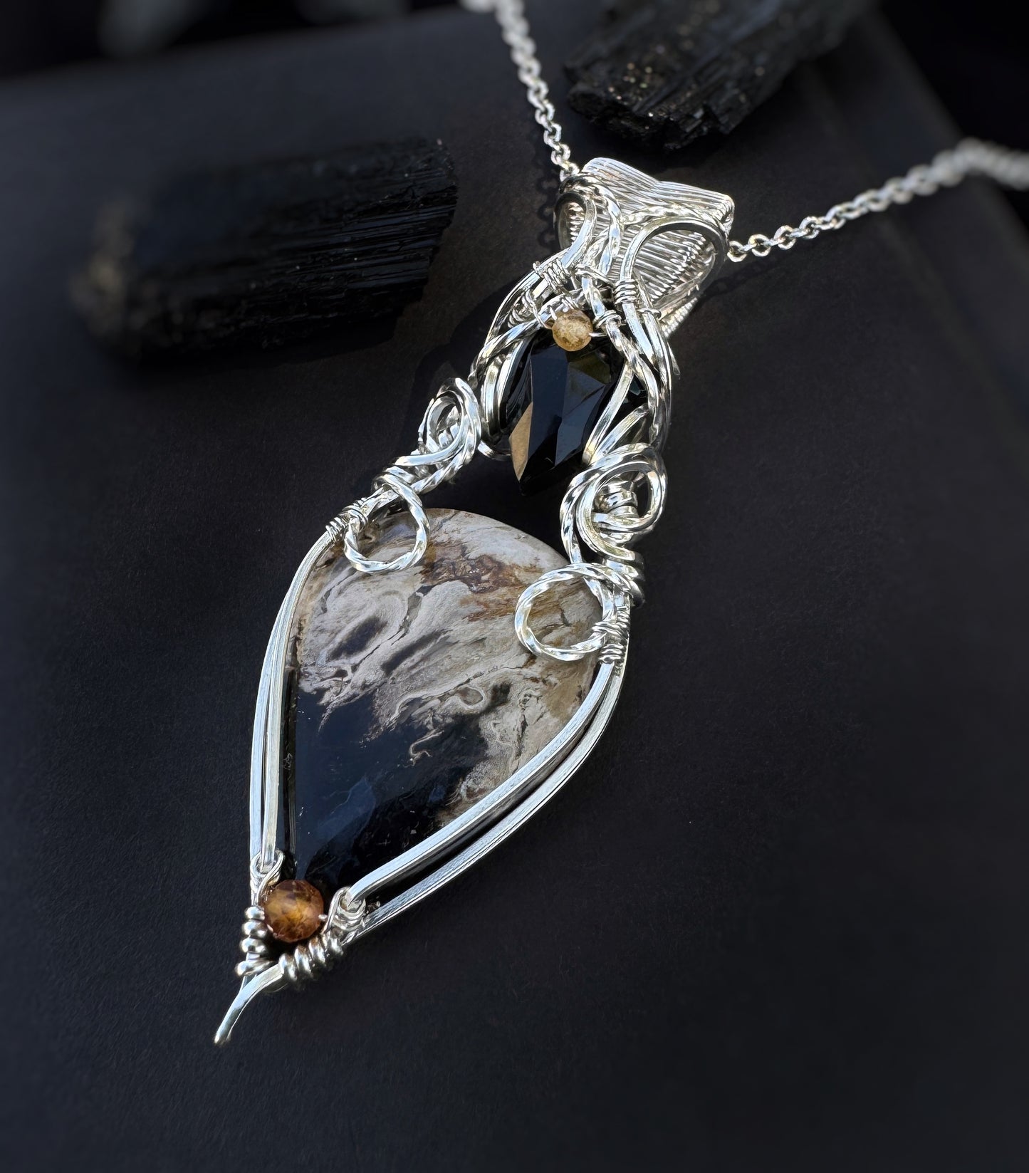 Palm Root, Black Onyx, Tourmaline & Hessonite Garnet Necklace in Argentium Silver