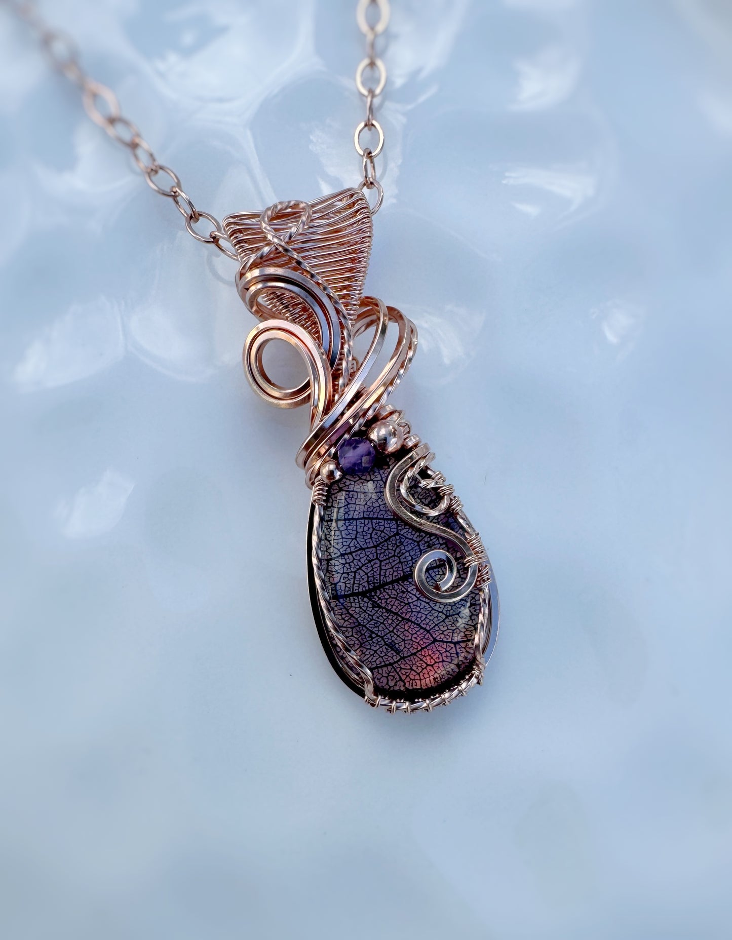 Aurora Opal with Real Vein Skeletons of a Leaf (Glass Top) & Amethyst Necklace in 14k Rose Gold Filled