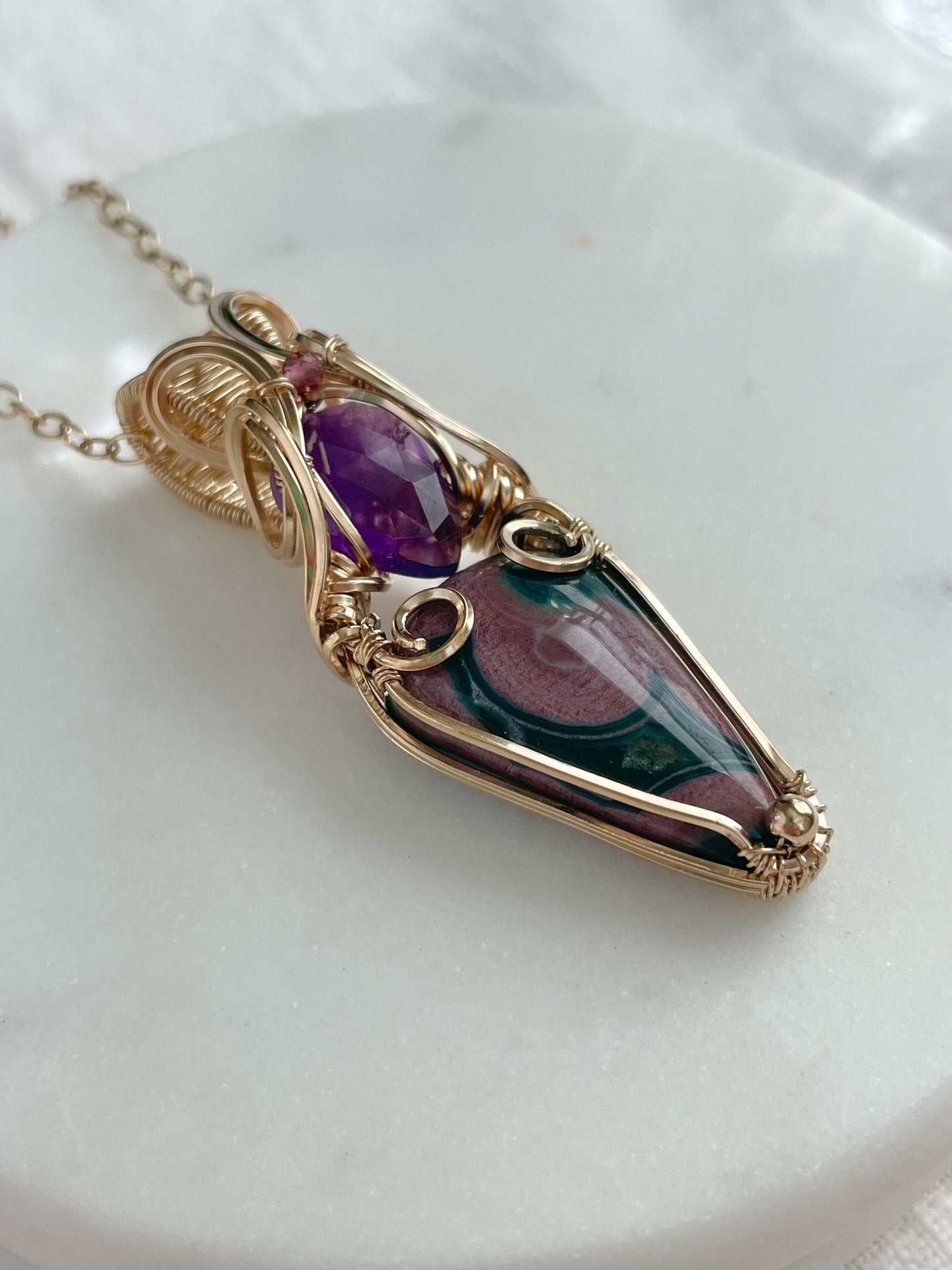 High Quality Ocean Jasper, Amethyst & Pink Tourmaline Necklace in 14k Gold Filled
