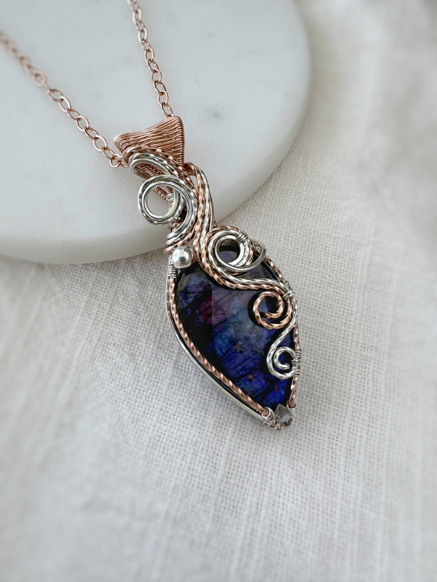 Purple Labradorite & Herkimer Diamond Mixed Metal Necklace in 14k Rose Gold Filled & 0.925 Sterling Silver