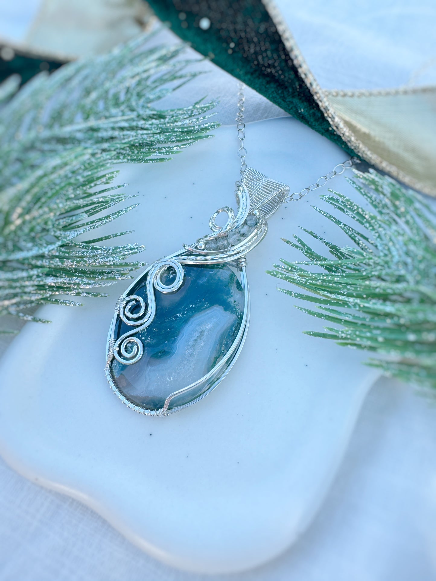 Moss Agate with Druzy & Green Tourmaline Rutile Statement Necklace in Argentium Silver