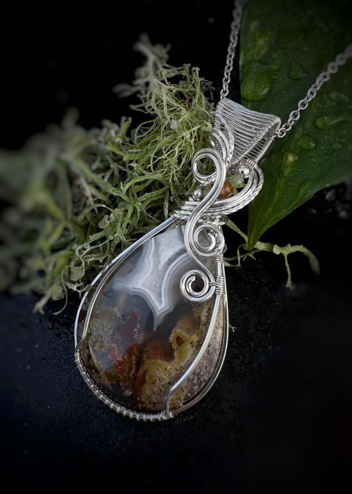 Moss Agate, Green Apatite & Hessonite Garnet Necklace in 0.925 Sterling Silver