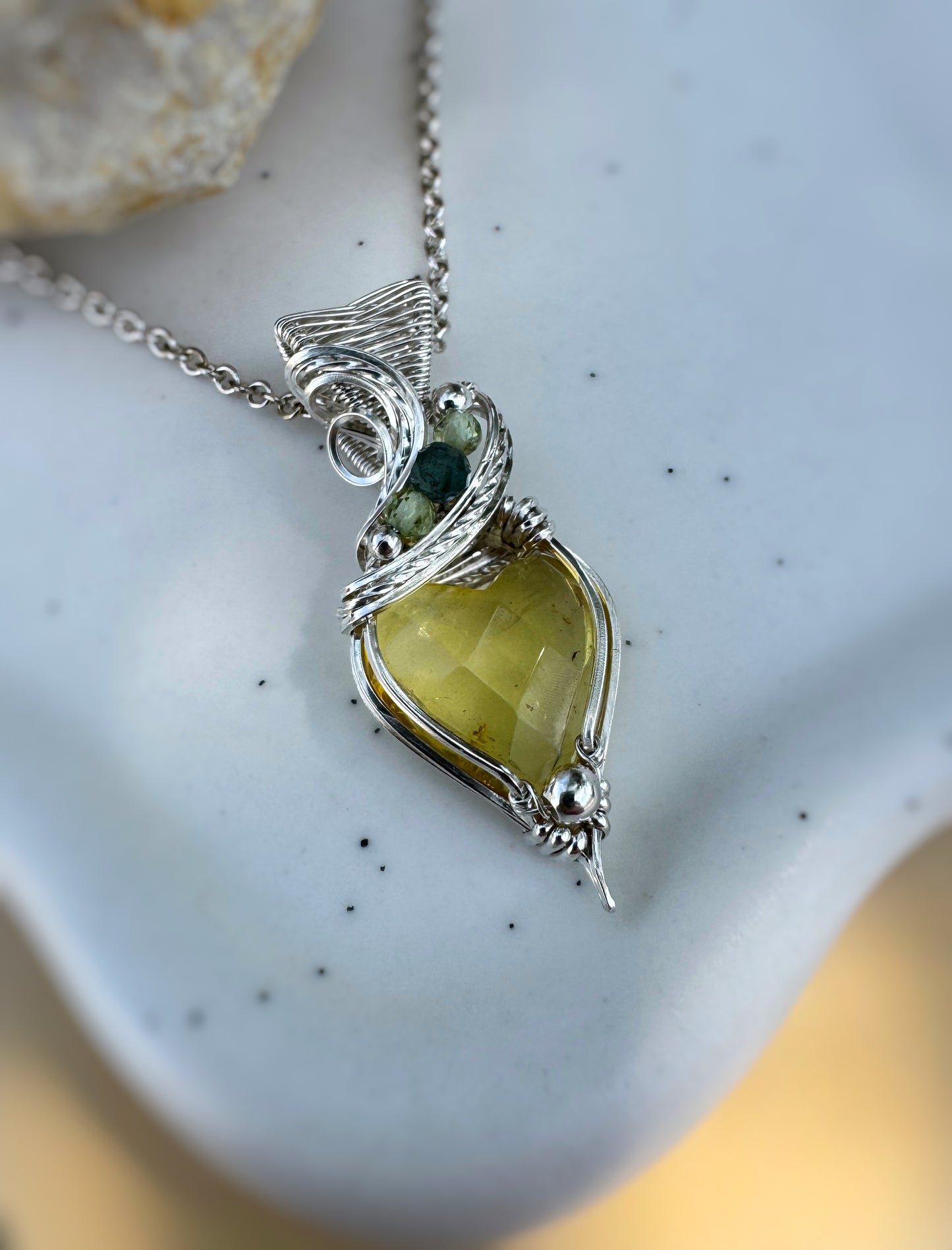 Amber Heart, Peridot & Green Kyanite Necklace in 0.925 Sterling Silver