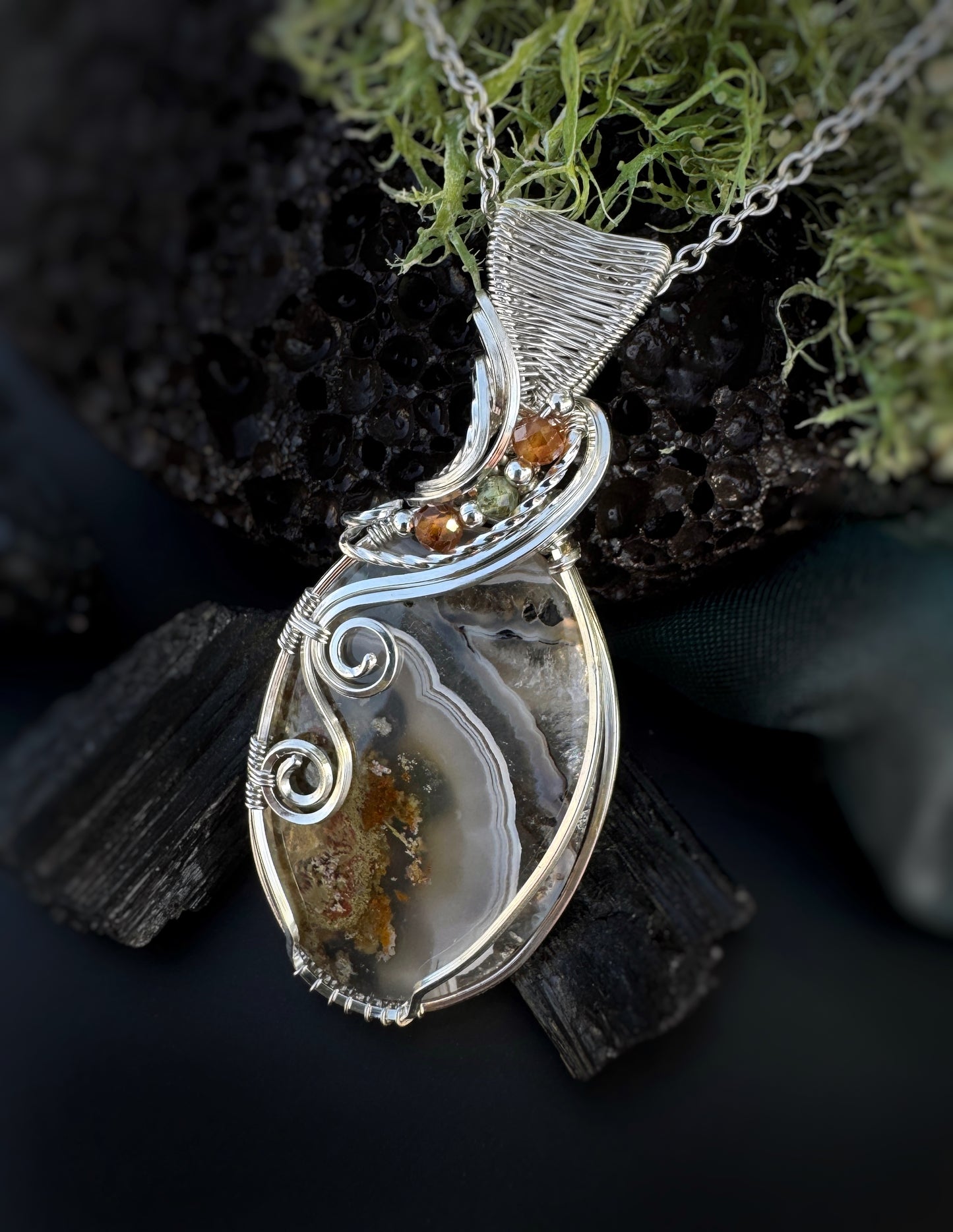 Moss Agate, Hessonite Garnet & Green Apatite Necklace in Argentium Silver