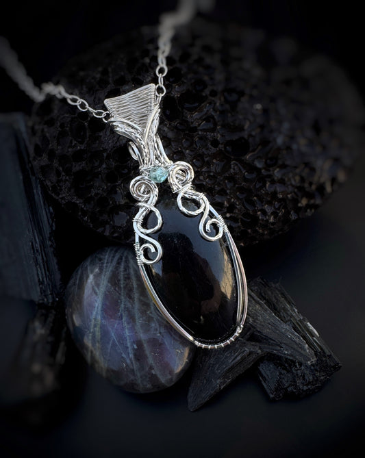 Black Tourmaline & Aqua Apatite Necklace in 0.925 Sterling Silver