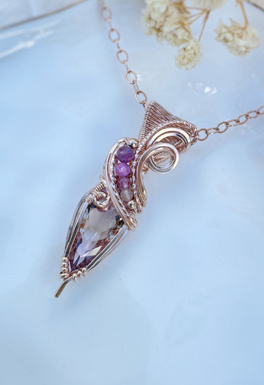 Ametrine, Natural Ruby, Purple Mica, Pink Tourmaline & Peach Moonstone Necklace in 14k Rose Gold Filled