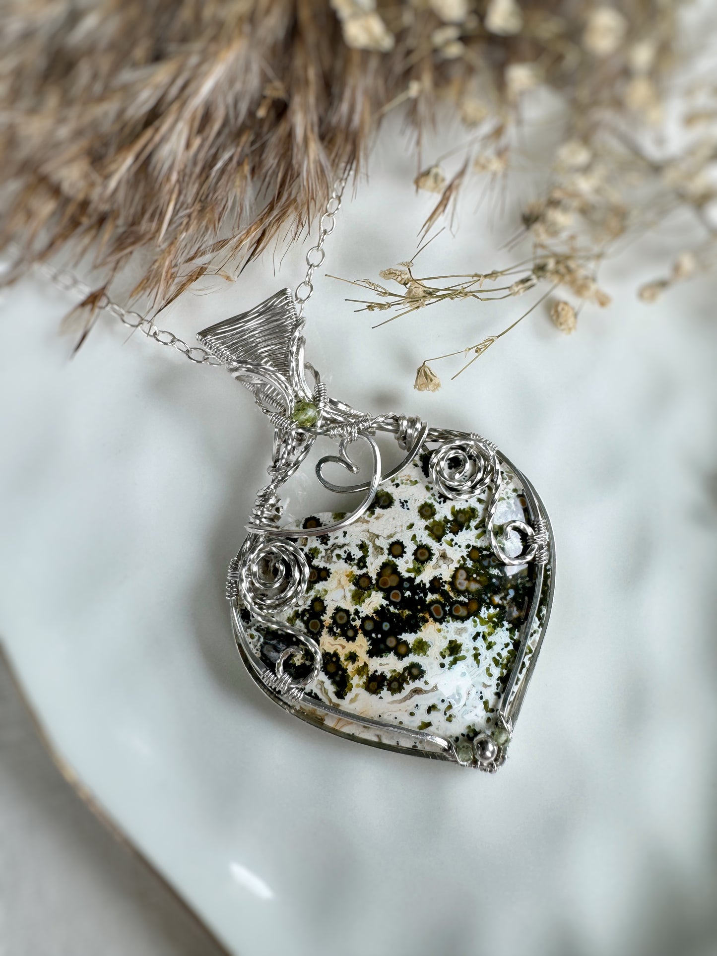 Ocean Jasper Heart & Peridot Statement Necklace in Argentium Silver