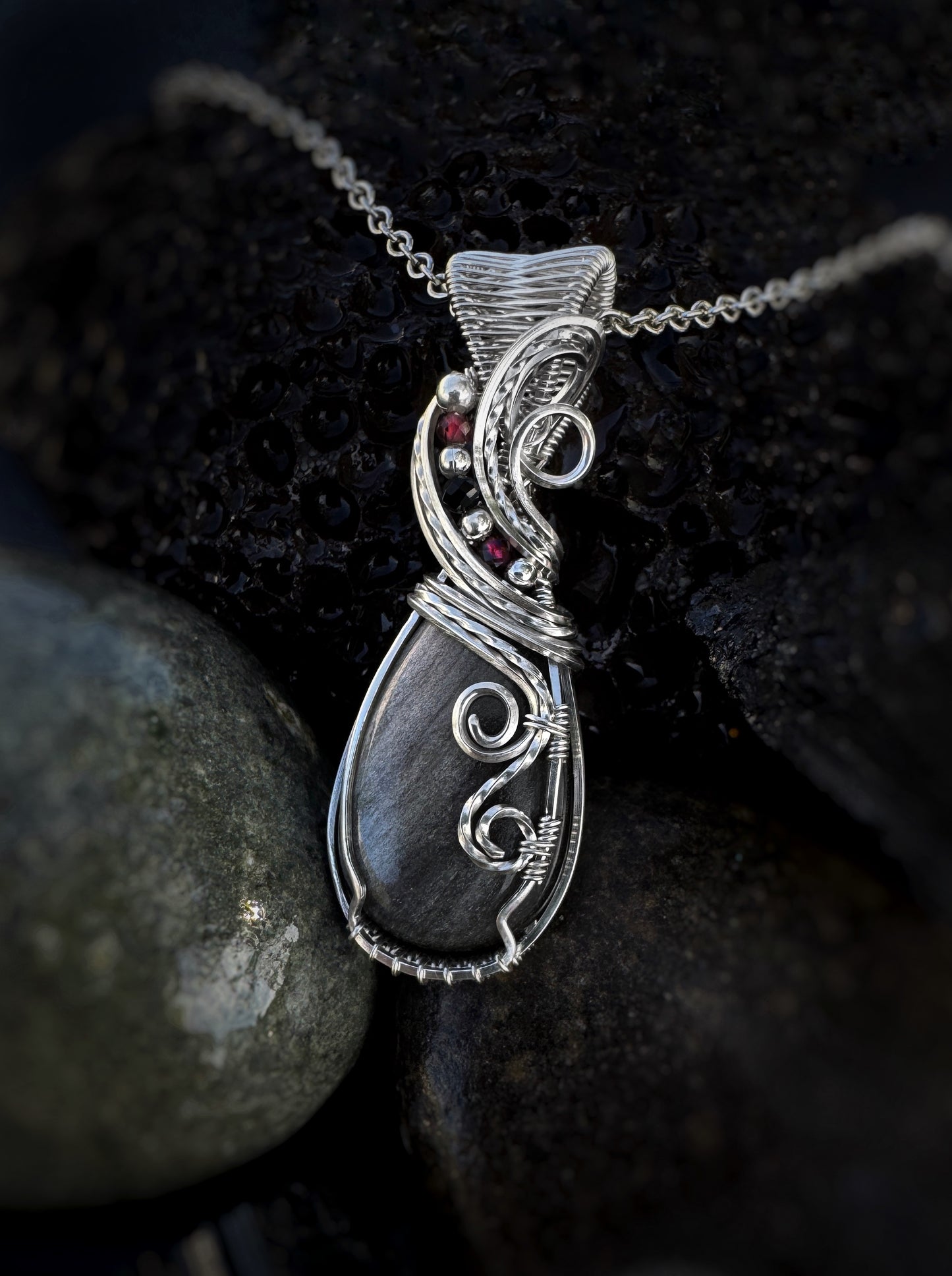 Silver Obsidian, Black Onyx & Garnet Necklace in Argentium Silver