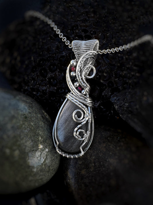 Silver Obsidian, Black Onyx & Garnet Necklace in Argentium Silver