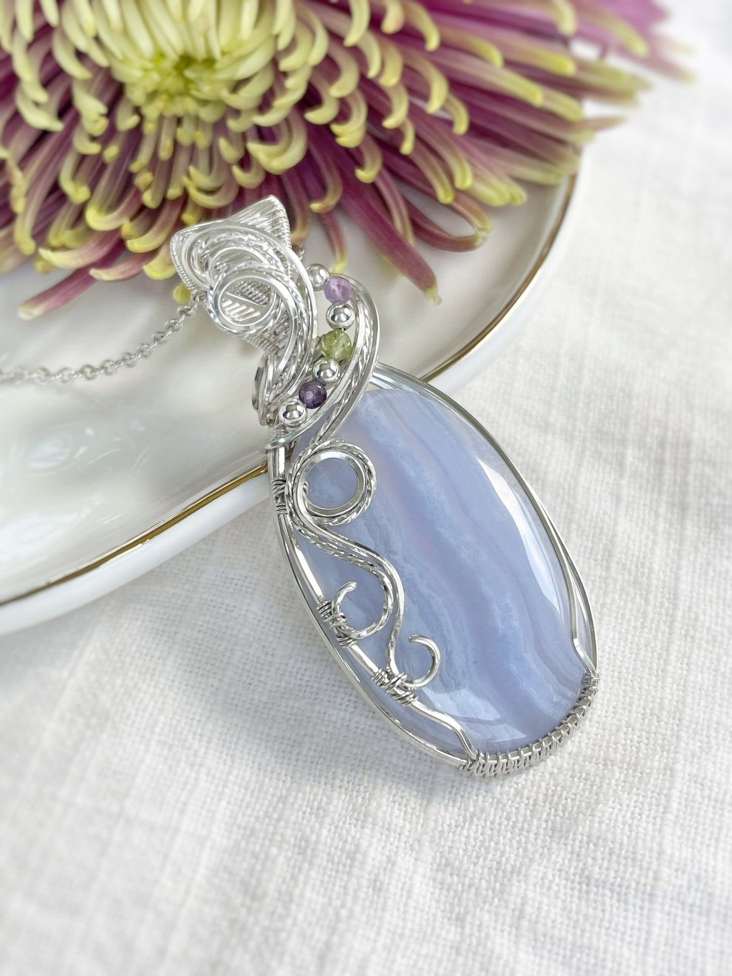 Blue Lace Agate, Amethyst & Peridot Necklace in 0.925 Sterling Silver
