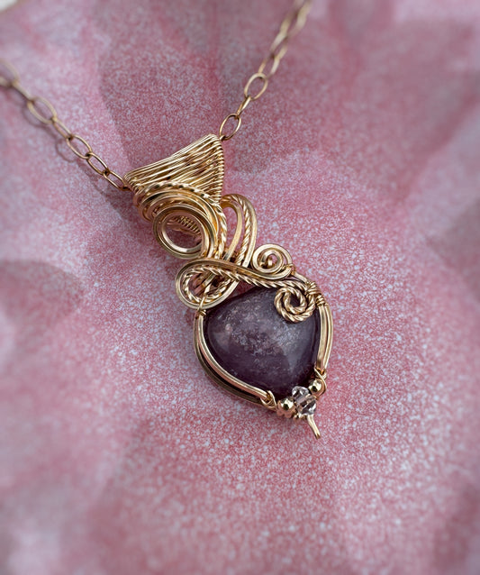 Lepidolite Heart & Herkimer Diamond Necklace in 14k Gold Filled