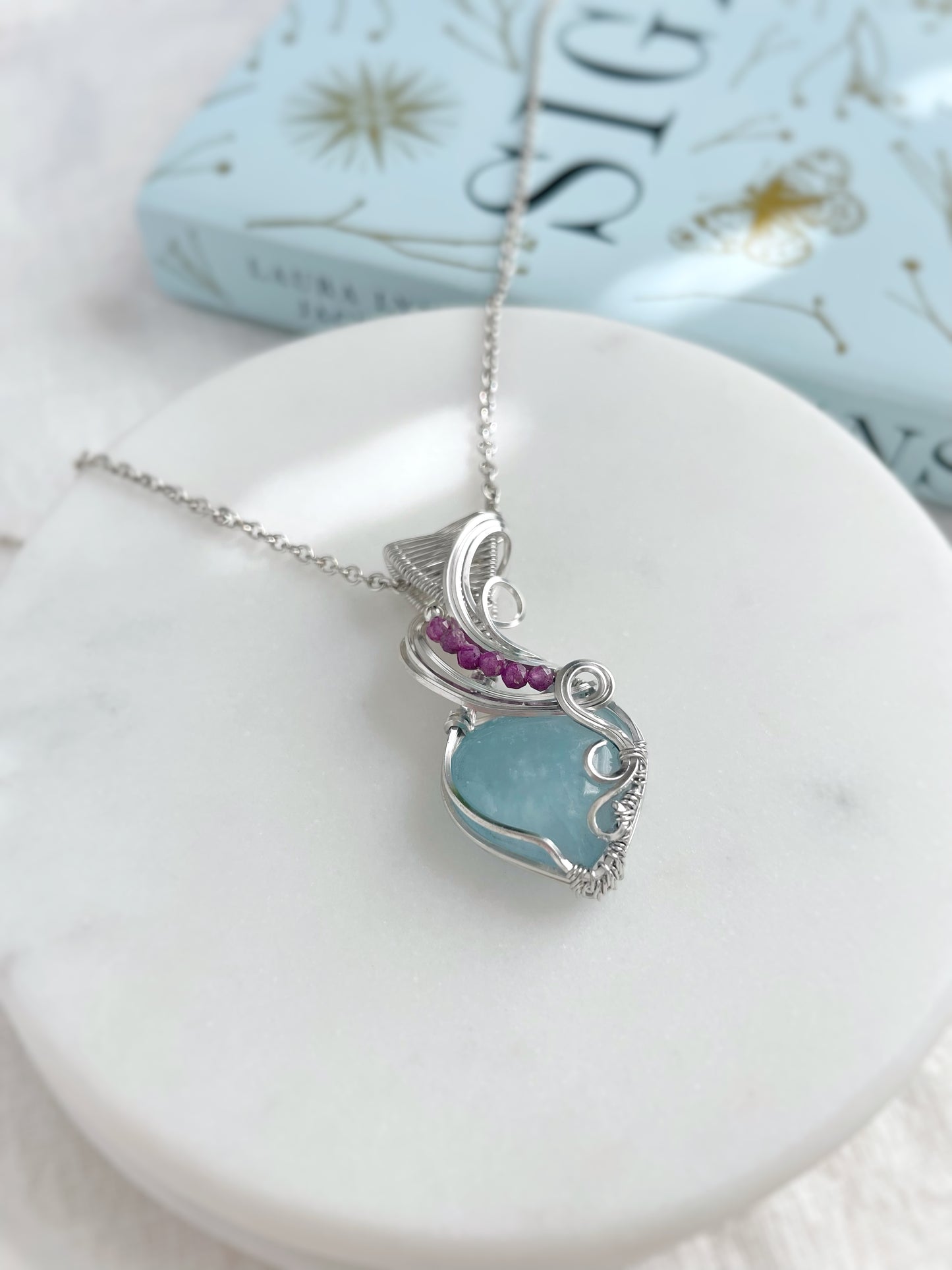 Mini Aquamarine Heart & Ruby Necklace in Argentium Silver