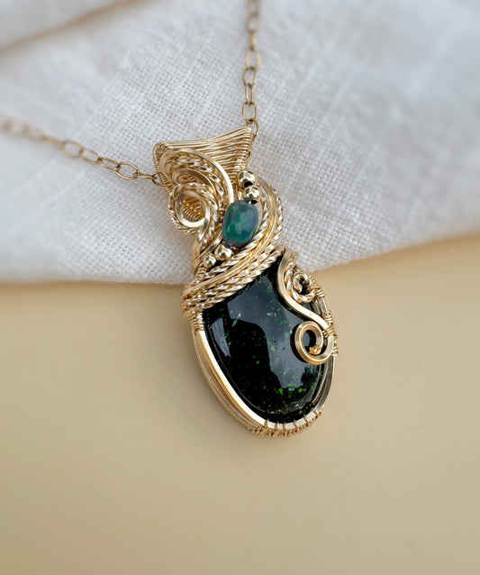 Green Goldstone & Ethiopian Opal Necklace in 14k Gold Filled