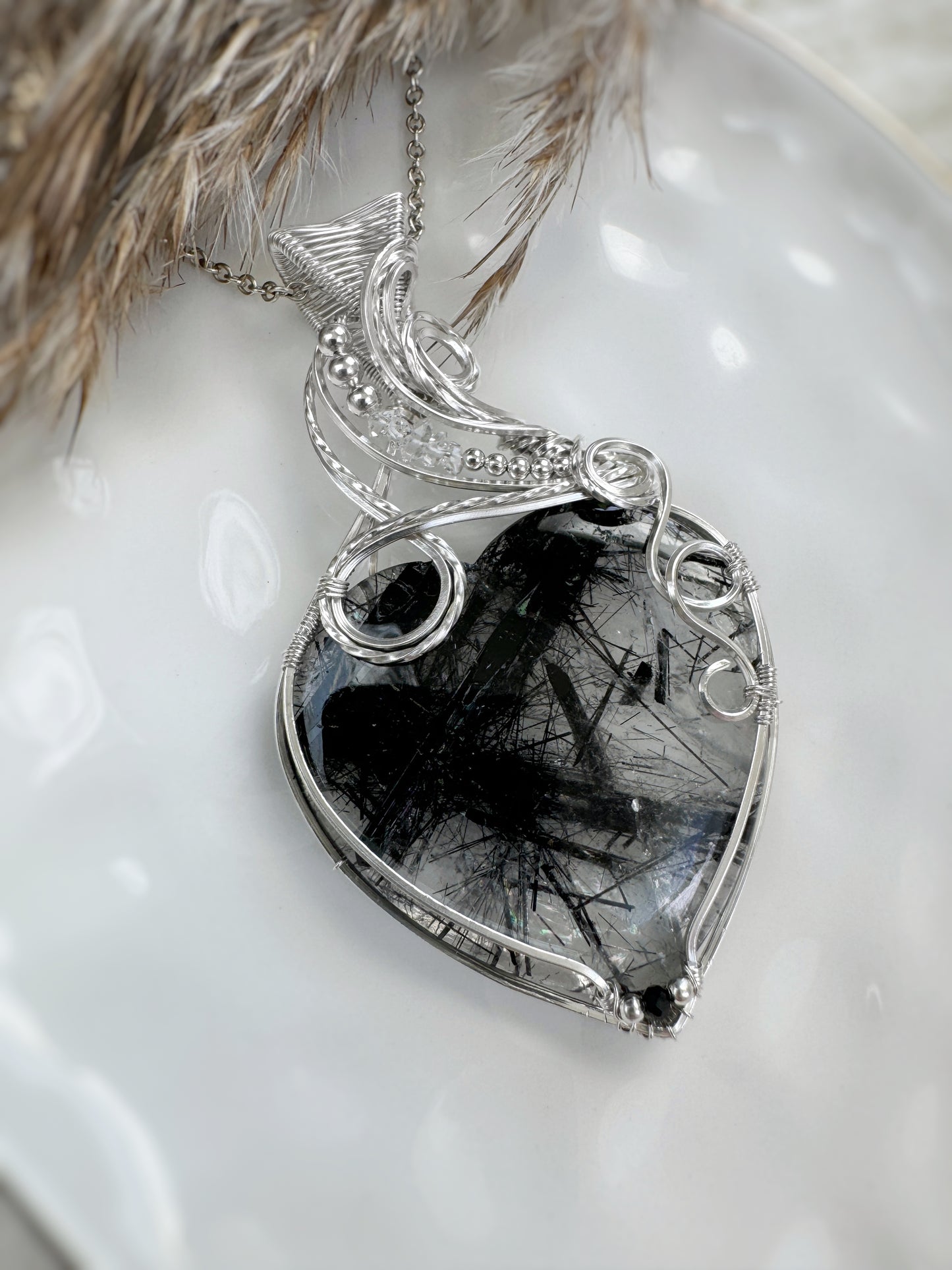 Tourmalinated Quartz, Herkimer Diamond & Black Onyx Statement Necklace in Argentium Silver