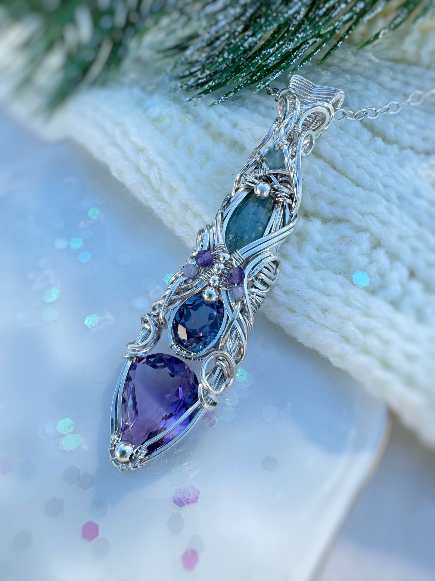 Amethyst, Simulated Alexandrite, Aqua Kyanite, Aqua Apatite, Tanzanite & Blue Chalcedony Necklace in 0.925 Sterling Silver