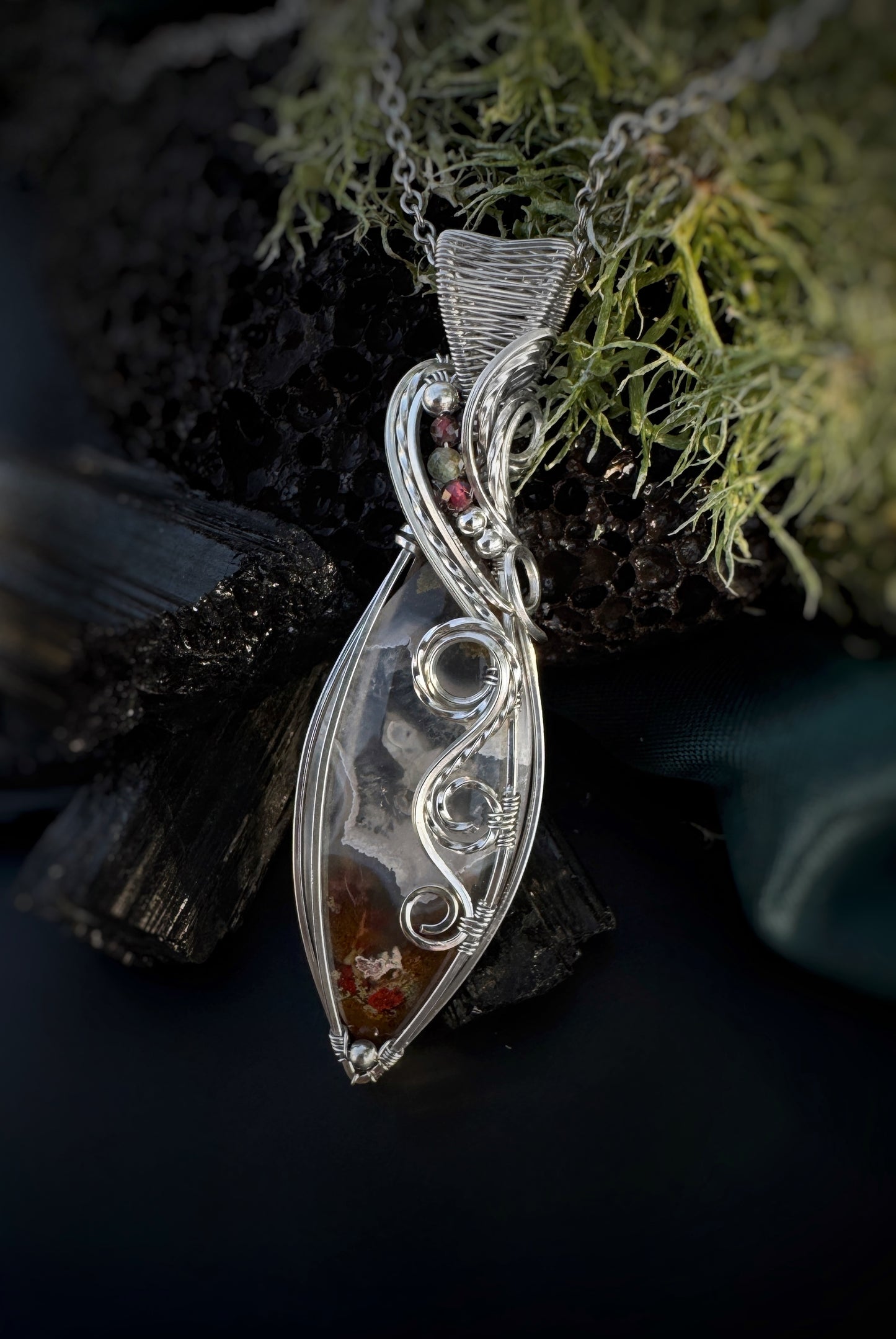 Moss Agate, Garnet, Green Apatite Necklace in Argentium Silver