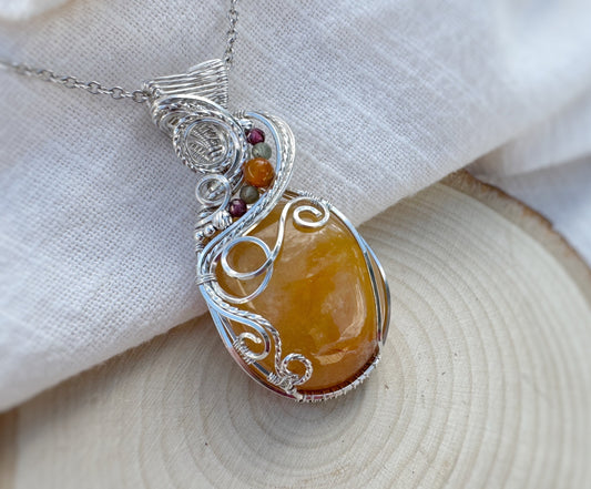 Azezulite, Garnet, Amber & Green Apatite Necklace in 0.925 Sterling Silver