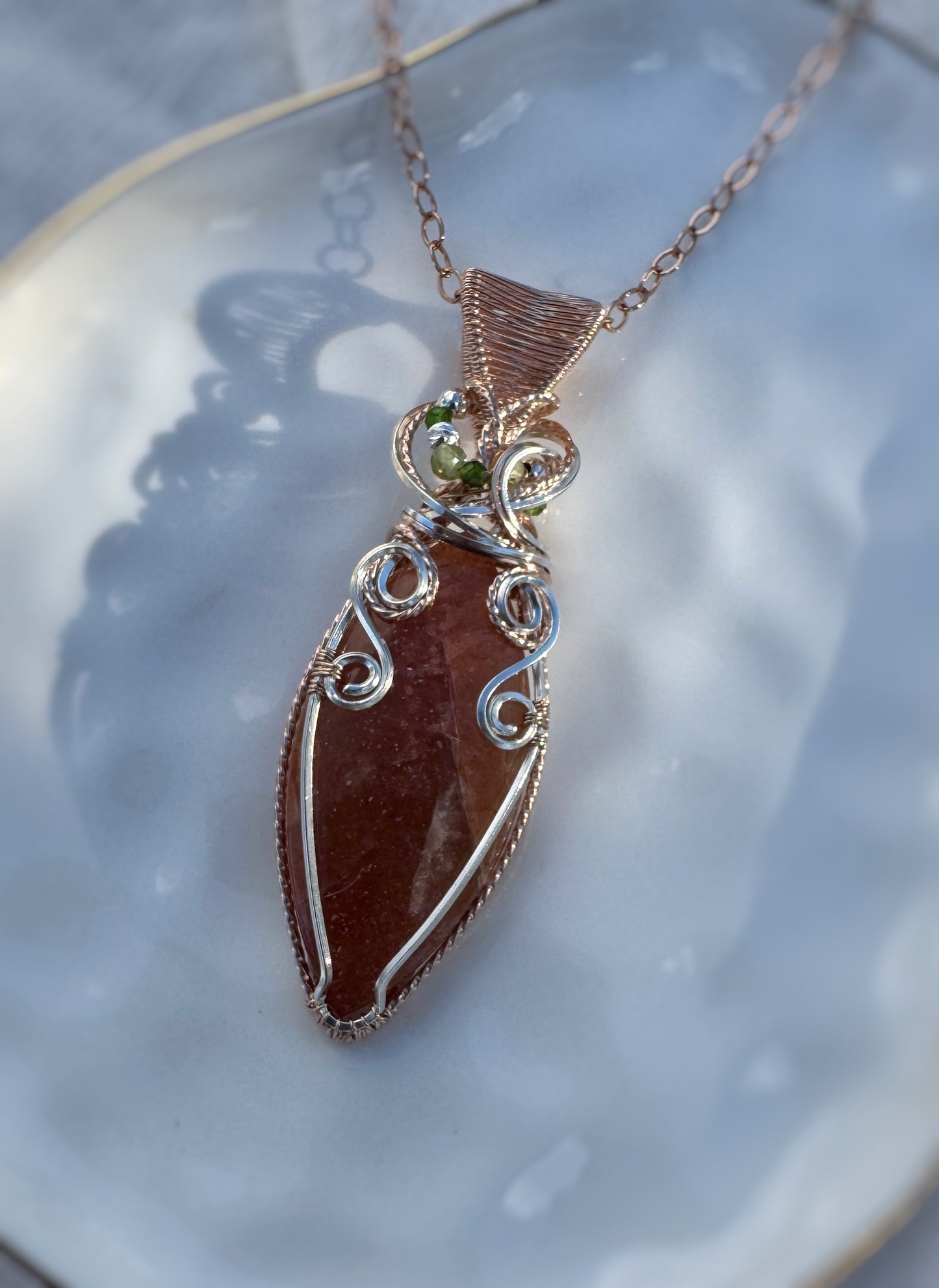 Sunstone, Chrome Diopside & Peridot Necklace in 14k Rose Gold Filled & Argentium Silver