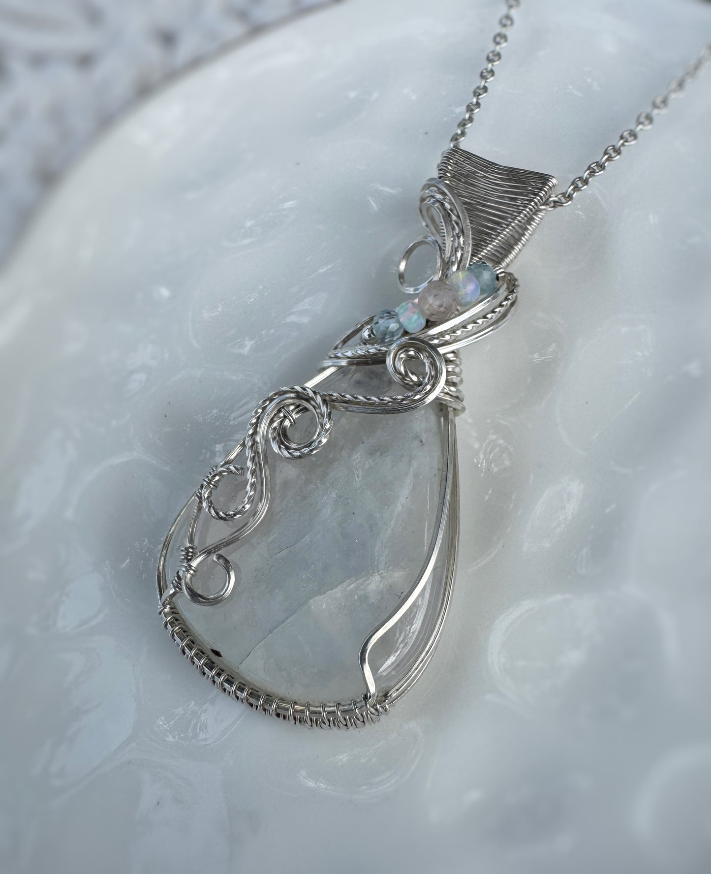 Rainbow Moonstone, Morganite, Aquamarine & Opal Necklace in Argentium Silver