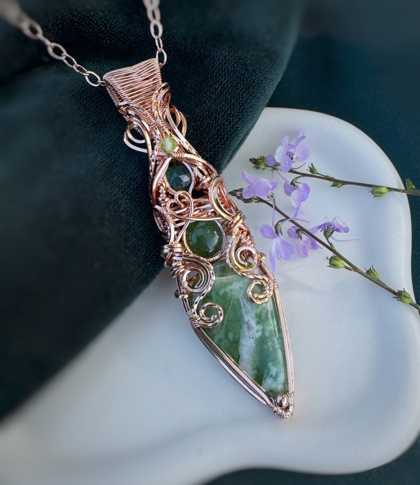 Serpentine, Green Jade, Moss Agate, Peridot Statement Necklace in 14k Rose Gold Filled