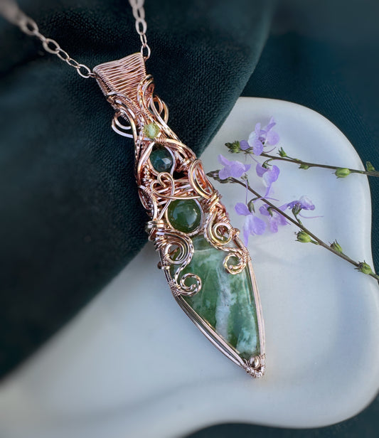 Serpentine, Green Jade, Moss Agate, Peridot Statement Necklace in 14k Rose Gold Filled