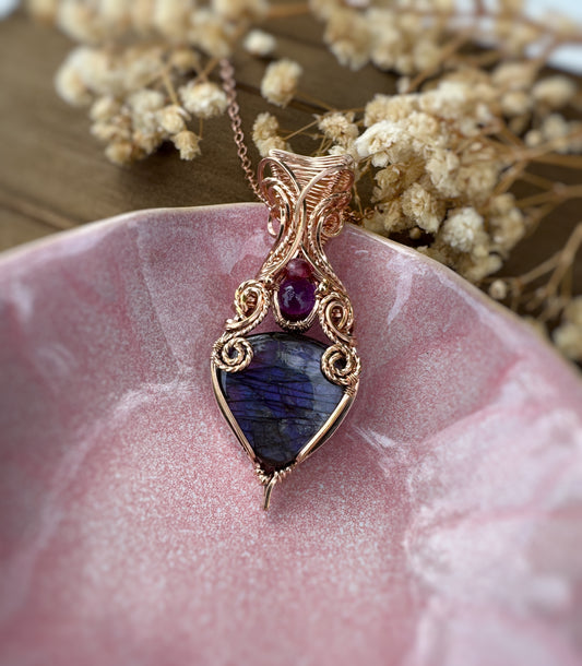 Purple Labradorite, Amethyst & Rubellite Necklace in 14k Rose Gold Filled