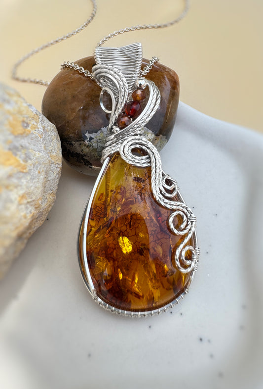 Natural Amber & Hessonite Garnet Statement Necklace in 0.925 Sterling Silver