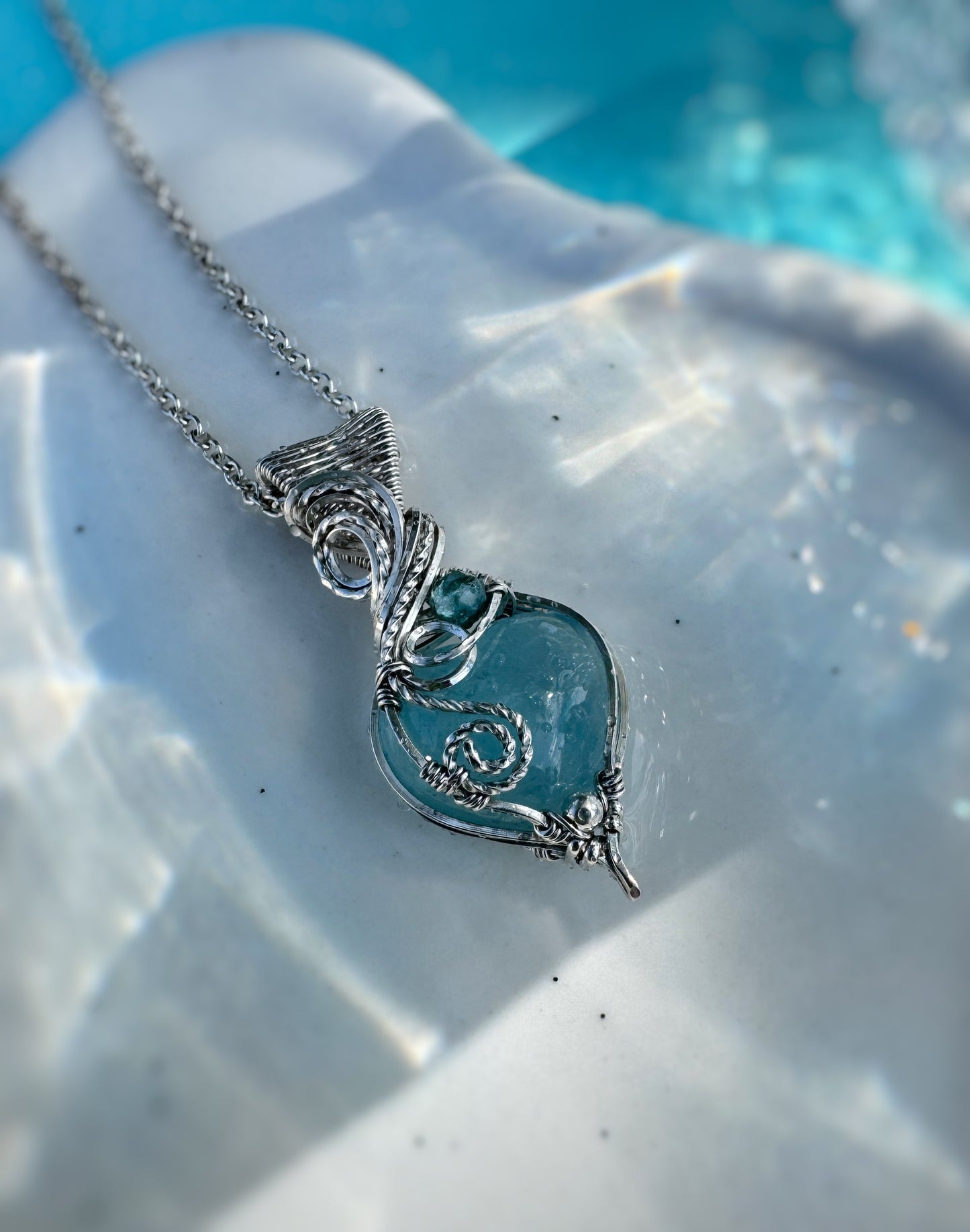 Aquamarine Heart & Aqua Apatite Necklace in Argentium Silver