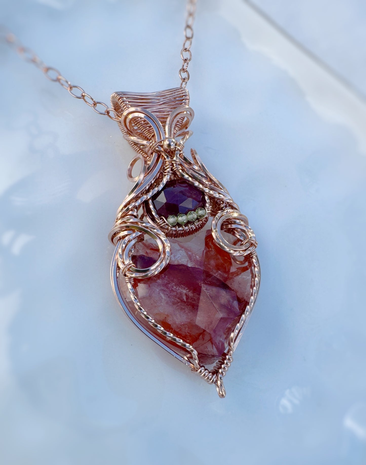 Hematoid Quartz, Natural Ruby & Peridot Necklace in 14k Rose Gold Filled