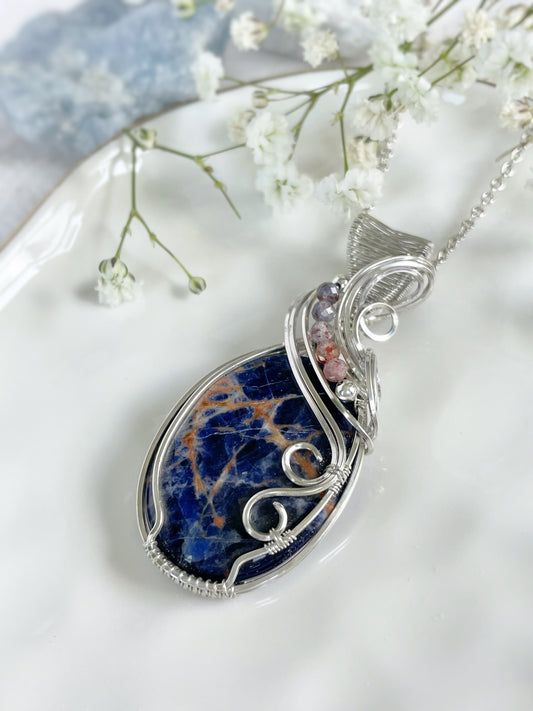 Sunset Sodalite & Iolite Sunstone Necklace in 0.925 Sterling Silver