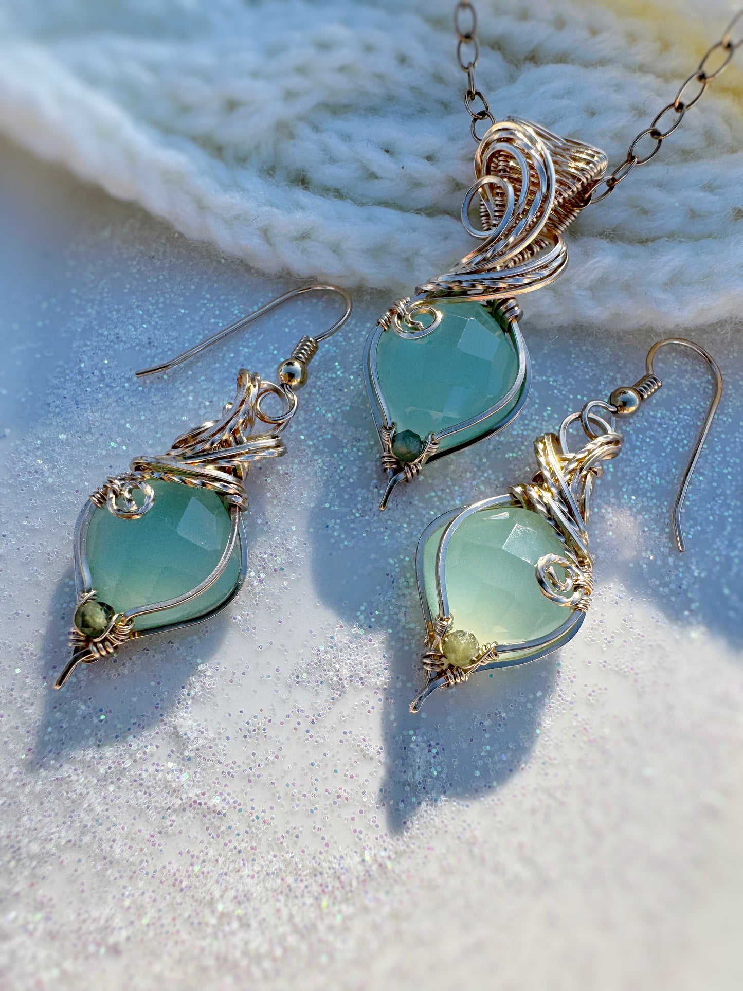Aqua Chalcedony & Green Apatite Set in 14k Gold Filled (Necklace + Earrings)