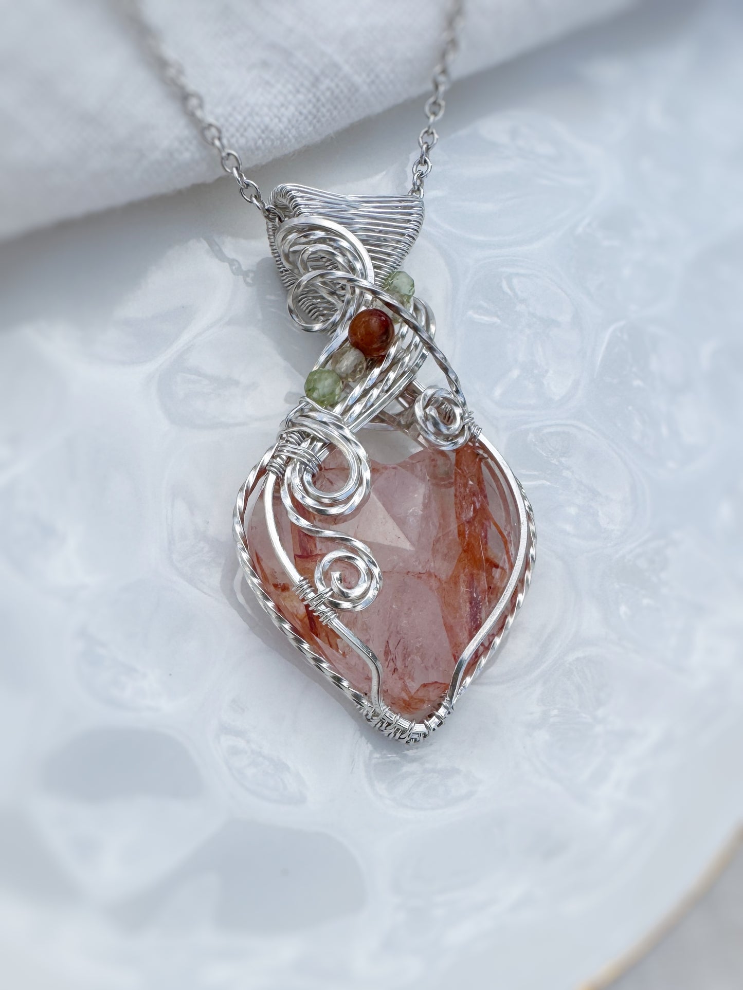 Hematoid Quartz, Amber, Peridot & Fluorite Necklace in Argentium Silver