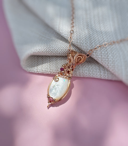 Pearl, Ruby & Pink Tourmaline Necklace in 14k Rose Gold Filled