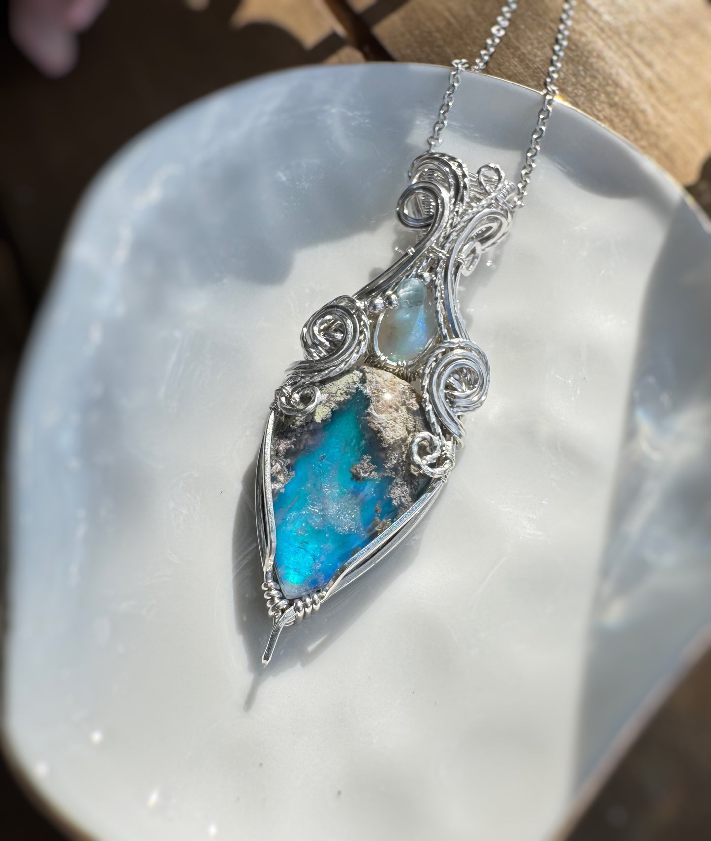 Moss Agate (Doublet), Opal & Aquamarine Necklace in 0.925 Sterling Silver