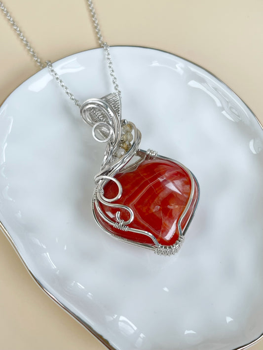 Carnelian Heart & Citrine Necklace in 0.925 Sterling Silver